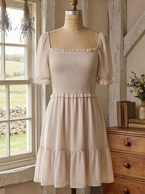 Wilfred| Aritzia| Smocked Square-Neck Above Knee Dress in Ecru Ivory Sz XXS